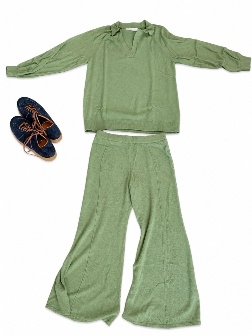 Free People Beach Sage Green Wide-Leg Knit Lounge Set - Picture 2 of 7